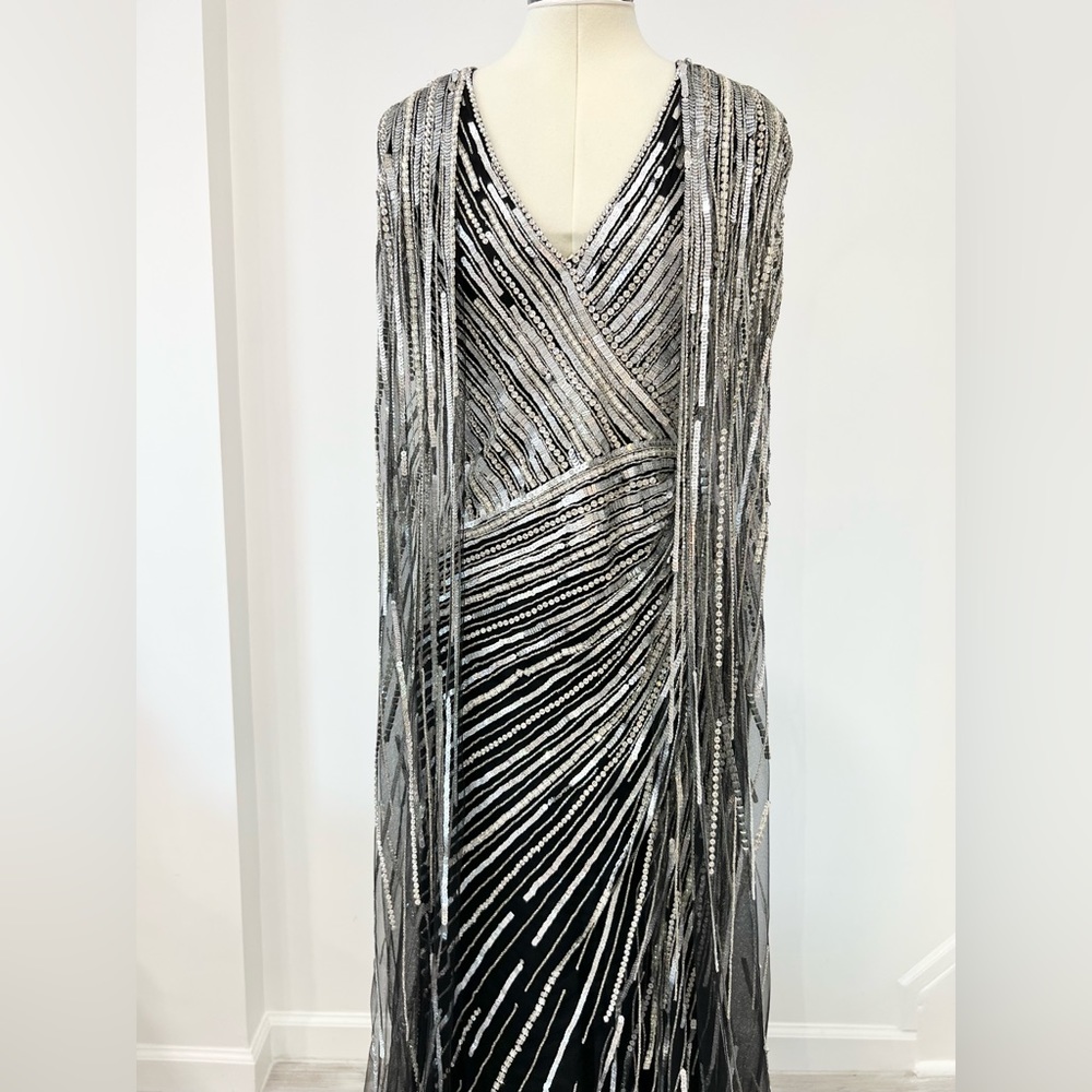 Pamella Roland Sequined Tulle Cape Gown Long Dress - Picture 12 of 16